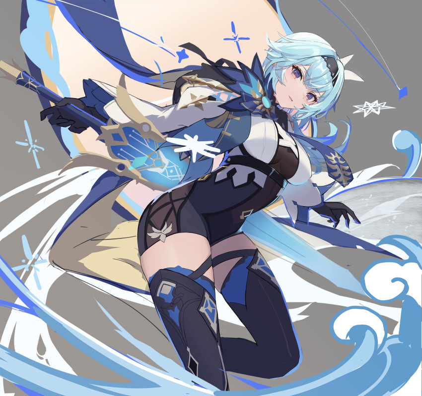 1girl black_gloves black_legwear blue_hair boots breasts eruthika eula_(genshin_impact) floating_hair genshin_impact gloves highres large_breasts short_hair simple_background skin_tight sword thick_thighs thigh-highs thigh_boots thigh_strap thighs violet_eyes weapon