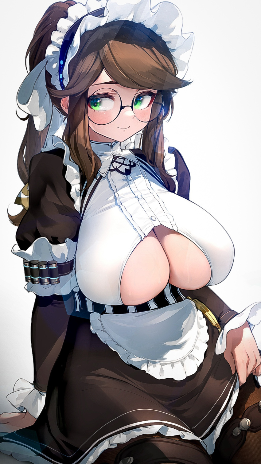 1girl apron bangs black_dress black_legwear breasts center_frills closed_mouth clothing_cutout constantia_s2 dress frilled_apron frilled_sleeves frills glasses gradient gradient_background green_eyes grey_background hair_ribbon high_ponytail highres juliet_sleeves kashu_(hizake) large_breasts last_origin light_smile long_hair long_sleeves maid_headdress pantyhose puffy_sleeves ribbon round_eyewear simple_background sitting skindentation swept_bangs symbol-only_commentary thigh_strap under_boob underboob_cutout waist_apron white_apron white_ribbon
