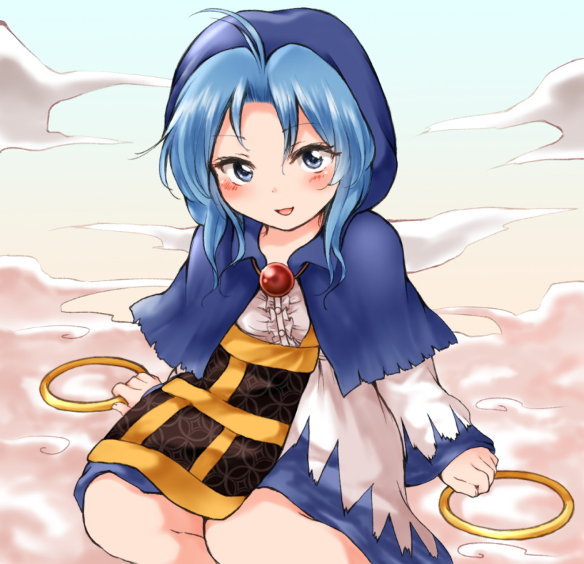 1girl :d bangs blue_capelet blue_eyes blue_hair capelet clouds dress eyebrows_visible_through_hair gradient_sky holding holding_jewelry holding_ring hood jewelry kesa kumoi_ichirin long_sleeves looking_at_viewer nanana_(chicken_union) open_mouth outdoors ring sitting sky smile solo touhou white_dress yokozuwari