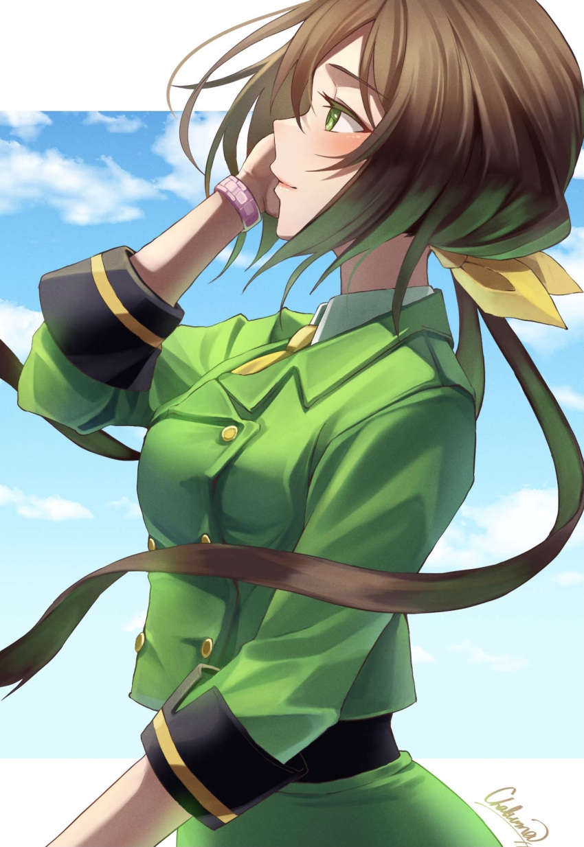 1girl bow chakuma_(yiyh1468) collared_shirt eyebrows_visible_through_hair green_eyes green_jacket green_skirt hair_bow hayakawa_tazuna highres horse_girl jacket long_sleeves low_ponytail necktie outside_border shirt signature skirt sky sleeves_folded_up solo split-color_hair umamusume watch watch white_shirt yellow_bow yellow_necktie