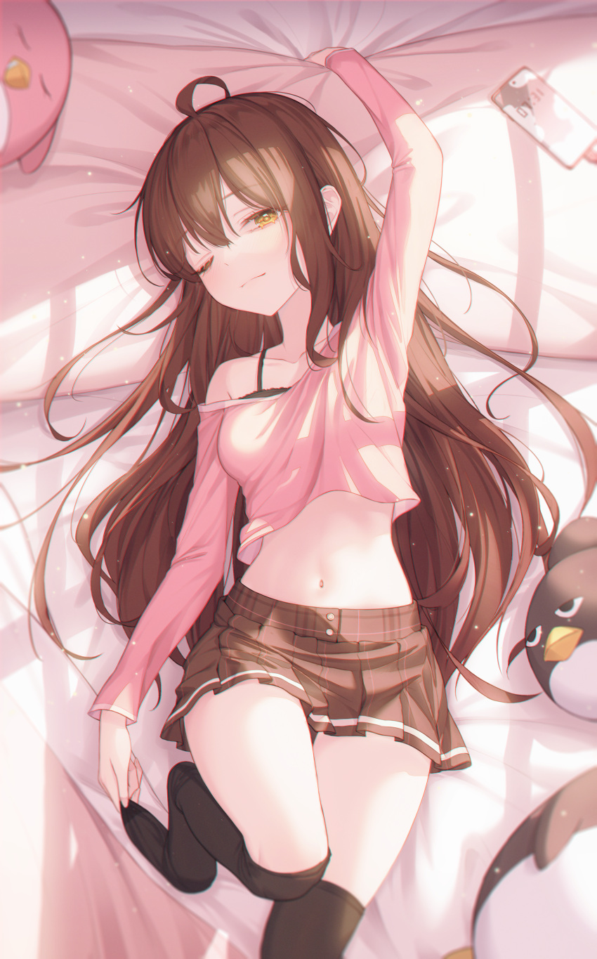 1girl ;( absurdres ahoge arm_up bangs bare_shoulders bed_sheet black_bra black_legwear bra bra_peek breasts brown_hair brown_skirt cellphone closed_mouth crop_top day eyebrows_visible_through_hair from_above highres indoors knee_up long_hair long_sleeves looking_at_viewer lying miniskirt navel off_shoulder on_back on_bed original peng_kun phone pillow plaid plaid_skirt pleated_skirt pulled_by_self skirt small_breasts smartphone solo stomach straight_hair stuffed_animal stuffed_penguin stuffed_toy thigh-highs thigh_gap thighhighs_pull underwear undressing very_long_hair window_shade yellow_eyes