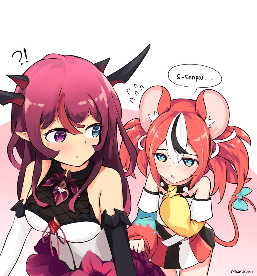 !? 2girls absurdres animal_ears asymmetrical_bangs bangs bare_legs bare_shoulders blue_eyes blush bow breasts cheese choker demon_girl demon_horns elbow_gloves eyebrows_visible_through_hair flower food gem gloves grabbing grabbing_from_behind grabbing_own_breast hair_between_eyes hakos_baelz highres holocouncil hololive hololive_english horns irys_(hololive) looking_at_another medium_breasts miniskirt mouse_ears mouse_tail multicolored_hair multiple_girls namii_(namialus_m) pleated_skirt pointy_ears redhead sideboob signature simple_background skirt skirt_grab sleeveless speech_bubble spiked_choker spikes strap tail thighs twintails yuri