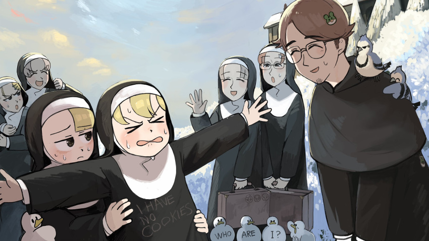 &gt;_&lt; 1boy 6+girls bird blonde_hair blue_jay blue_jay_monk body_writing brown_eyes brunette_bangs_nun_(diva) catholic chicken clothes_writing clumsy_nun_(diva) diva_(hyxpk) duck english_commentary glasses grey_hair grumpy_nun_(diva) habit highres little_nuns_(diva) mole mole_on_cheek mole_under_eye monk multiple_girls nun outstretched_arms parted_grey_nun_(diva) round_eyewear smug_nun_(diva) snow spicy_nun_(diva) suitcase yellow_eyes