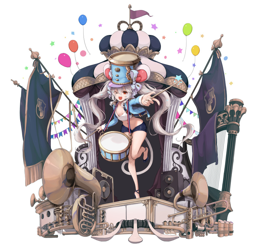 &gt;_o 1girl ;d absurdres animal_ears artist_request bare_legs blue_headwear blue_jacket blue_shorts breasts commission crop_top drum drumsticks dungeon_and_fighter epaulettes flag flats french_horn hat highres holding instrument jacket leg_up lifeff long_hair long_sleeves looking_at_viewer micro_shorts midriff mouse_ears mouse_girl mouse_tail navel no_bra one_eye_closed open_clothes open_fly open_jacket outstretched_arm red_eyes revealing_clothes second-party_source shirt shorts simple_background small_breasts smile solo stomach tail thighs twintails very_long_hair wavy_hair white_background white_hair white_shirt