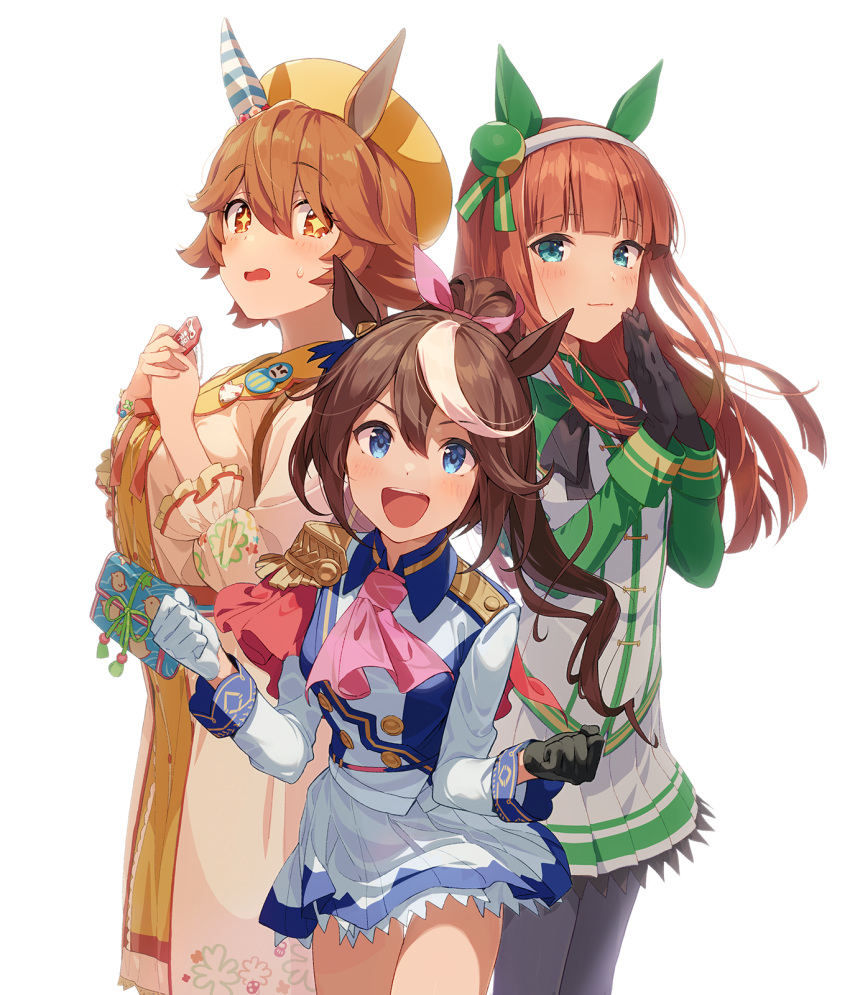 +_+ 3girls :d animal_ears aqua_eyes ascot asymmetrical_gloves bangs black_bow black_bowtie black_gloves black_legwear blue_eyes blue_jacket blue_skirt blunt_bangs blush bow bowtie breasts brown_eyes brown_hair buttons cape capelet closed_mouth double-breasted ear_covers ear_ornament epaulettes eyebrows_visible_through_hair flat_chest gloves hair_between_eyes hair_bow hair_ornament hairband high_ponytail highres horse_ears horse_girl jacket joey_koguma large_breasts long_hair long_sleeves looking_at_viewer matikanefukukitaru_(umamusume) miniskirt mismatched_gloves multicolored_clothes multicolored_hair multicolored_jacket multiple_girls open_mouth orange_hair pantyhose parted_lips pink_ascot pink_bow pink_neckwear pleated_skirt ponytail red_cape red_capelet school_uniform shirt short_hair sidelocks silence_suzuka_(umamusume) simple_background single_ear_cover single_epaulette skirt smile standing streaked_hair sweatdrop tokai_teio_(umamusume) tracen_school_uniform two-tone_hair two-tone_jacket two-tone_skirt umamusume white_background white_gloves white_hair white_jacket white_skirt yellow_eyes