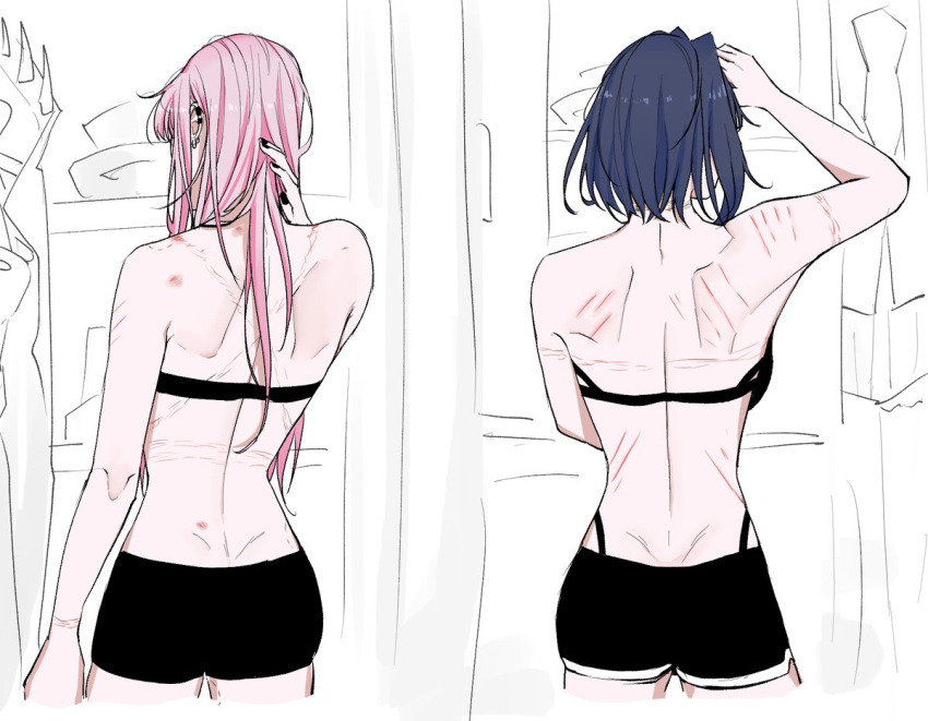 2girls back back_turned bite_mark black_shorts hololive hololive_english mori_calliope multiple_girls notziegler ouro_kronii piercing pink_hair scratches shorts