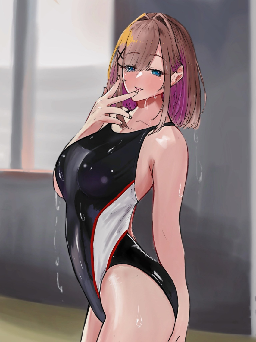 1girl ass bangs blue_eyes breasts brown_hair competition_swimsuit cowboy_shot dripping ears eyebrows_visible_through_hair fingernails from_side hair_between_eyes hair_ornament highres indoors large_breasts long_hair medium_hair nijisanji one-piece_swimsuit pan_926 solo suzuhara_lulu swimsuit virtual_youtuber wet window x_hair_ornament