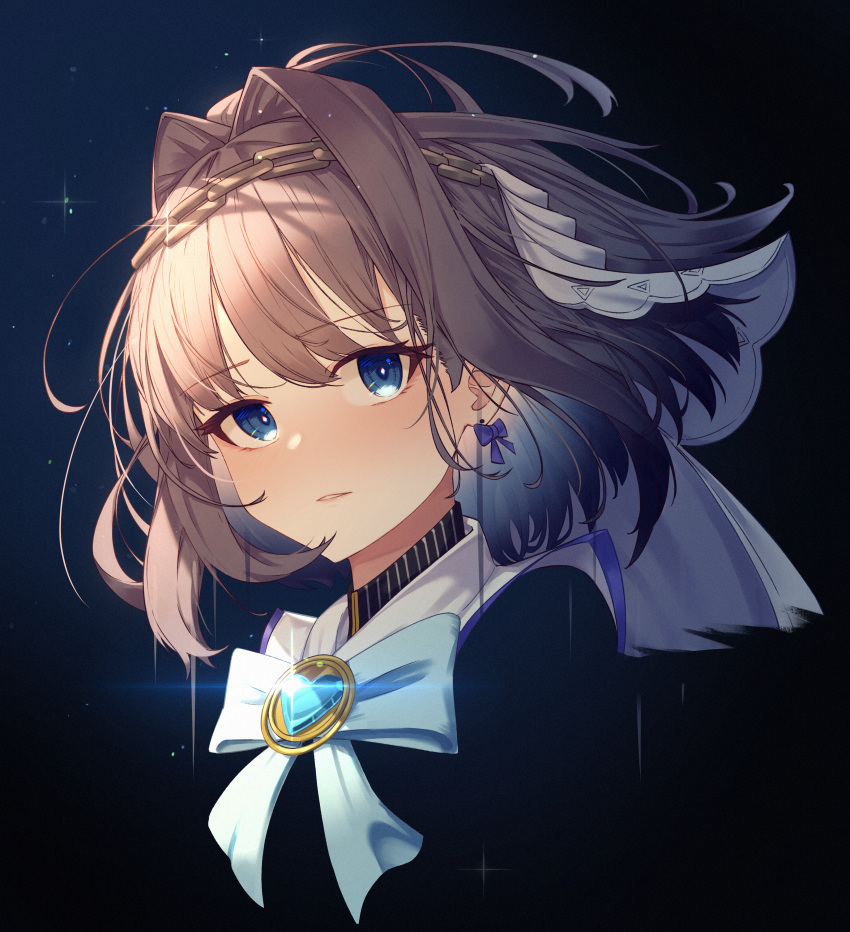 1girl absurdres bangs black_hair blue_bow blue_bowtie blue_eyes bow bow_earrings bowtie chain earrings eyebrows_visible_through_hair hair_intakes head_chain heart highres hololive hololive_english jewelry jl_tan looking_at_viewer ouro_kronii parted_lips portrait short_hair solo virtual_youtuber