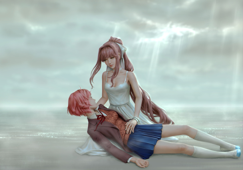 2girls absurdres blazer blue_skirt brown_hair brown_jacket clouds cloudy_sky commentary crying crying_with_eyes_open doki_doki_literature_club dress english_commentary green_eyes hand_on_hand highres holding_person honeybunny-art jacket kneeling light light_rays long_hair lying monika_(doki_doki_literature_club) multiple_girls on_back ponytail ribbon sayori_(doki_doki_literature_club) school_uniform short_hair skirt sky socks sundress tears tied_hair water white_dress white_legwear white_ribbon