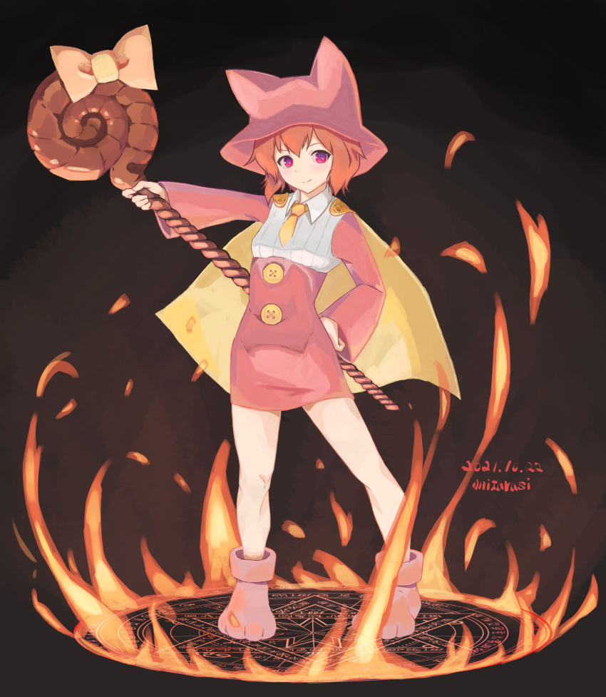 1girl animal_hat bow breasts brown_hair buttons cape cat_hat dark_background dated dress fire flame full_body hat highres holding holding_staff long_sleeves magic_circle mitarasi_ranko neenya_(sennen_sensou_aigis) paw_shoes pink_dress pink_eyes pink_footwear pink_headwear sennen_sensou_aigis short_hair small_breasts staff standing witch yellow_cape yellow_neckwear