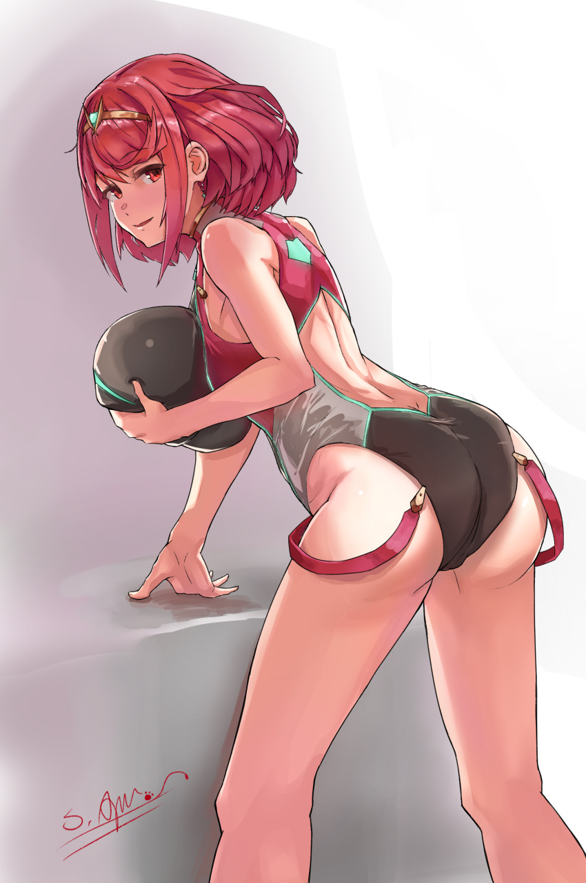 1girl bangs black_swimsuit breasts competition_swimsuit highres large_breasts one-piece_swimsuit pyra_(pro_swimmer)_(xenoblade) pyra_(xenoblade) red_eyes red_swimsuit redhead shizuki_muika short_hair solo swept_bangs swimsuit two-tone_swimsuit xenoblade_chronicles_(series) xenoblade_chronicles_2