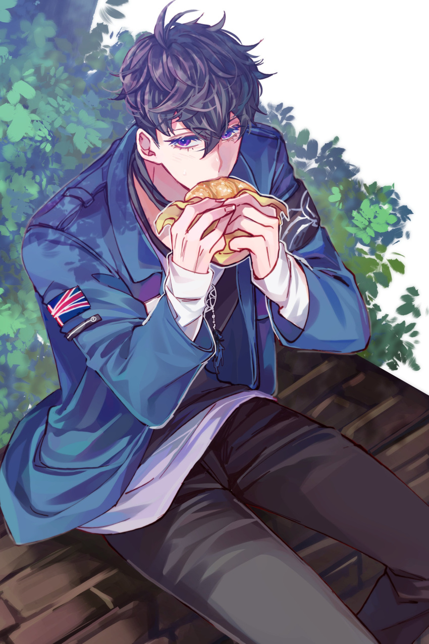 1boy absurdres bench black_hair black_pants black_shirt black_vest blue_jacket bush eating food from_above hair_behind_ear hair_between_eyes highres holding holding_food jacket jewelry necklace nijisanji nijisanji_id pants reza_avanluna sandwich shirt sitting solo union_jack vest violet_eyes virtual_youtuber white_shirt yaku_(999ykseo)