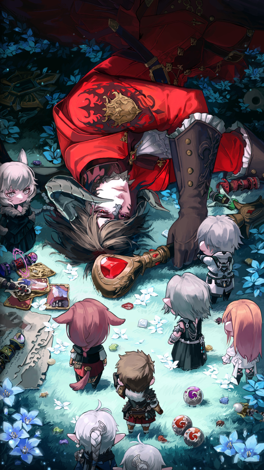 3girls 6+boys alisaie_leveilleur alphinaud_leveilleur animal_ears ardbert_(ff14) armor ascot au_ra avatar_(ffxiv) bishounen black_horns braid braided_ponytail brooch brown_hair cat_boy cat_ears cat_girl cat_tail closed_mouth coat dragon_horns dress elezen elf facial_mark final_fantasy final_fantasy_xiv from_above g'raha_tia gem gloves grass grey_eyes grey_hair highres holding holding_weapon horns hyur jewelry light_smile lips long_hair long_sleeves looking_at_another lying male_focus miniboy minigirl miqo'te multiple_boys multiple_girls on_grass on_ground on_side orange_hair pointy_ears red_coat red_eyes red_mage redhead ryne scales shiun_(zxw936170020) short_hair size_difference tail thancred_waters upside-down urianger_augurelt weapon y'shtola_rhul