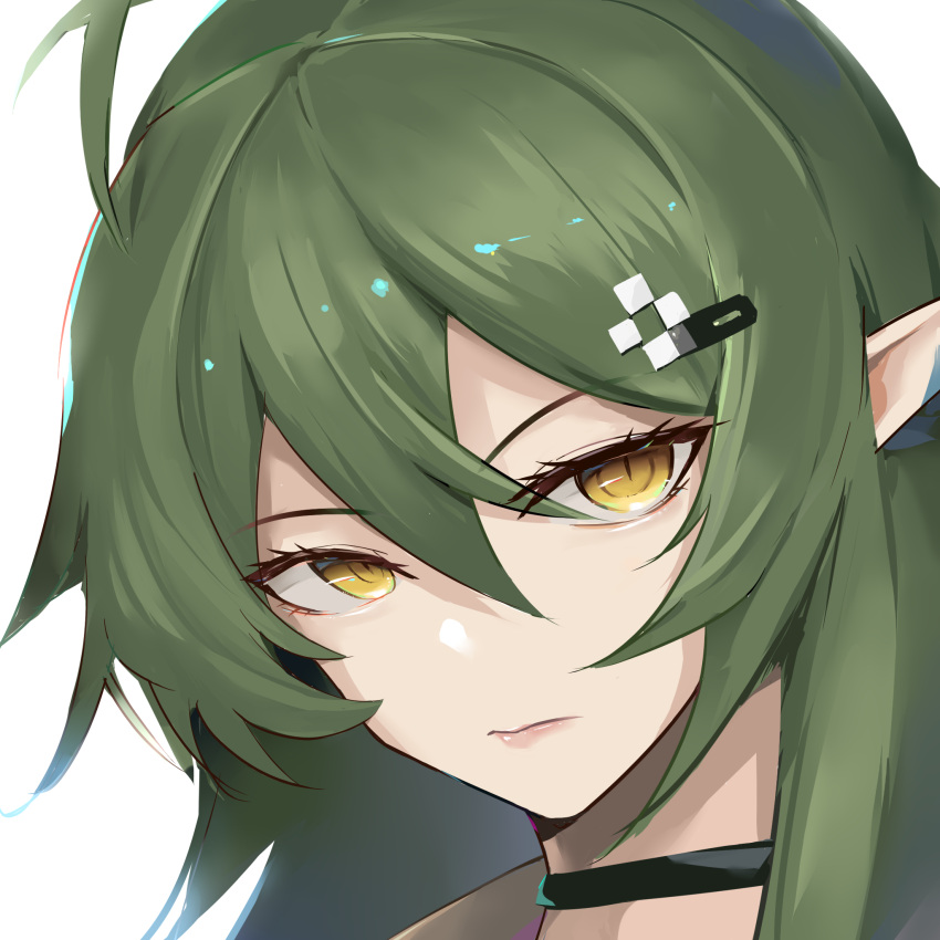 1girl antenna_hair arknights bangs black_choker choker closed_eyes commentary_request gavial_(arknights) green_hair hair_between_eyes highres lips long_hair looking_at_viewer partial_commentary pointy_ears portrait shirt simple_background sirius_enjoliao slit_pupils solo white_background yellow_eyes