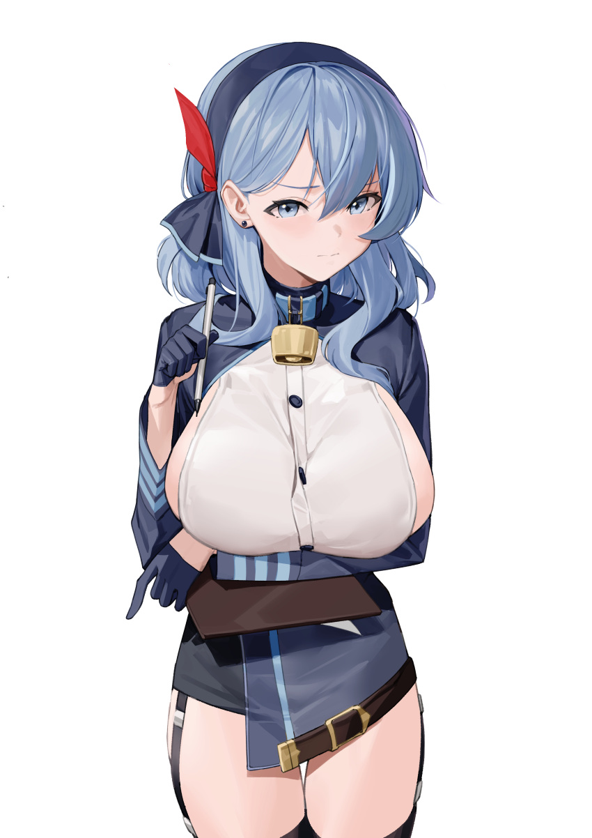 1girl absurdres ako_(blue_archive) bangs bell black_gloves blue_archive blue_eyes blue_hair blush breasts breasts_outside gdd_(vkejr702) gloves hair_between_eyes hair_ribbon hairband highres large_breasts long_hair long_sleeves neck_bell pencil ribbon simple_background thigh-highs white_background