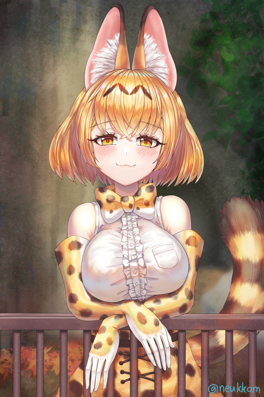 1girl :3 absurdres animal_ears blush bow bowtie breasts closed_mouth crossed_arms elbow_gloves eyebrows_visible_through_hair fangs gloves highres kemono_friends large_breasts lips looking_at_viewer multicolored_bowtie multicolored_clothes multicolored_gloves neukkom orange_bow orange_bowtie orange_eyes orange_gloves orange_hair serval_(kemono_friends) short_hair sleeveless smile tail white_bow white_bowtie white_gloves