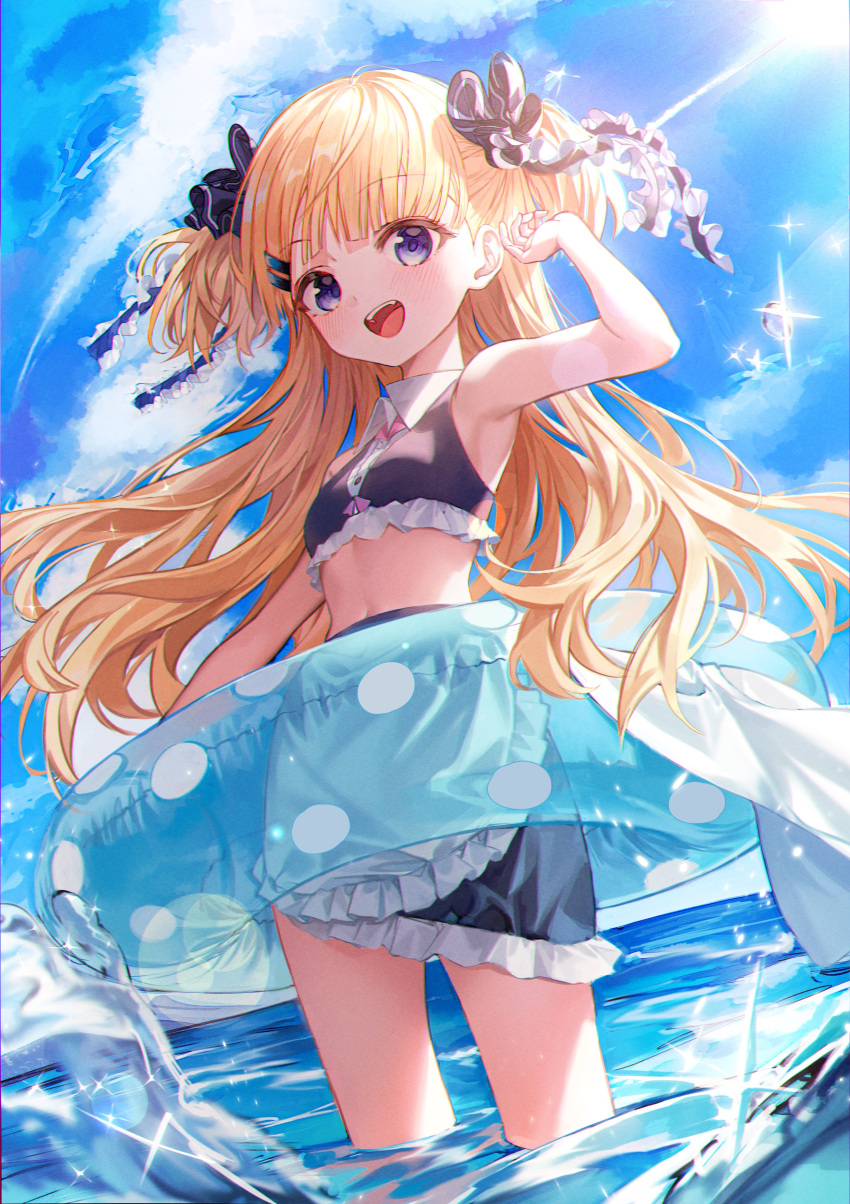 absurdres beach blonde_hair blue_eyes blue_sky clouds day emilico_(shadows_house) highres lifebuoy lo-ta ocean outdoors shadows_house shore sky swimsuit twintails two_side_up water