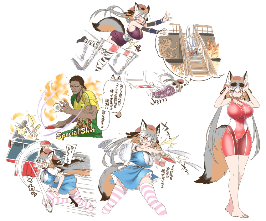 1boy 1girl @_@ alternate_costume animal_ears ball bangs breasts commentary_request competition_swimsuit covered_navel dark-skinned_male dark_skin extra_ears fox_ears fox_girl fox_tail goggles goggles_on_head hair_between_eyes highres huge_breasts hurdle island_fox_(kemono_friends) kemono_friends kemono_friends_v_project long_hair one-piece_swimsuit paddle simple_background stairs striped striped_legwear swimsuit table_tennis table_tennis_ball table_tennis_paddle tail thigh-highs thought_bubble translation_request very_long_hair virtual_youtuber white_background yellow_eyes yoshida_hideyuki