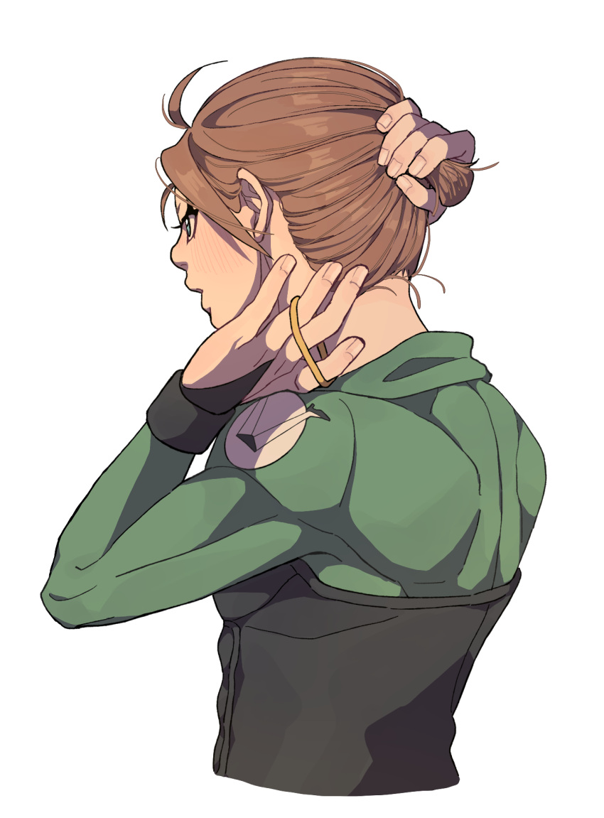 1boy adjusting_hair arms_behind_head bodysuit bridal_gauntlets brown_hair corset from_behind green_bodysuit hair_tie hands_in_hair highres holding holding_hair_tie hood hood_down jojo_no_kimyou_na_bouken short_ponytail siniy solo the_jojolands tying_hair usagi_aloha'oe