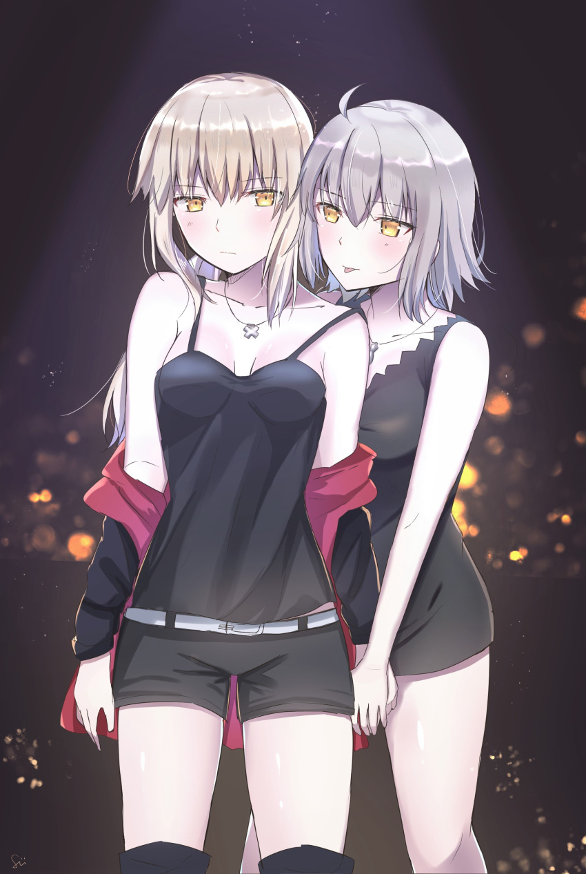 2girls absurdres ahoge artoria_pendragon_(fate) bangs bare_arms bare_legs bare_shoulders belt blonde_hair boots breasts cleavage_cutout clothing_cutout coat eyebrows_behind_hair eyebrows_visible_through_hair fate/grand_order fate_(series) grey_hair highres holding_hands jeanne_d'arc_(alter)_(fate) jeanne_d'arc_(fate) long_hair multiple_girls neck night saber_alter short_hair shorts sii_artatm silver_hair skirt tongue tongue_out wicked_dragon_witch_ver._shinjuku_1999 yellow_eyes