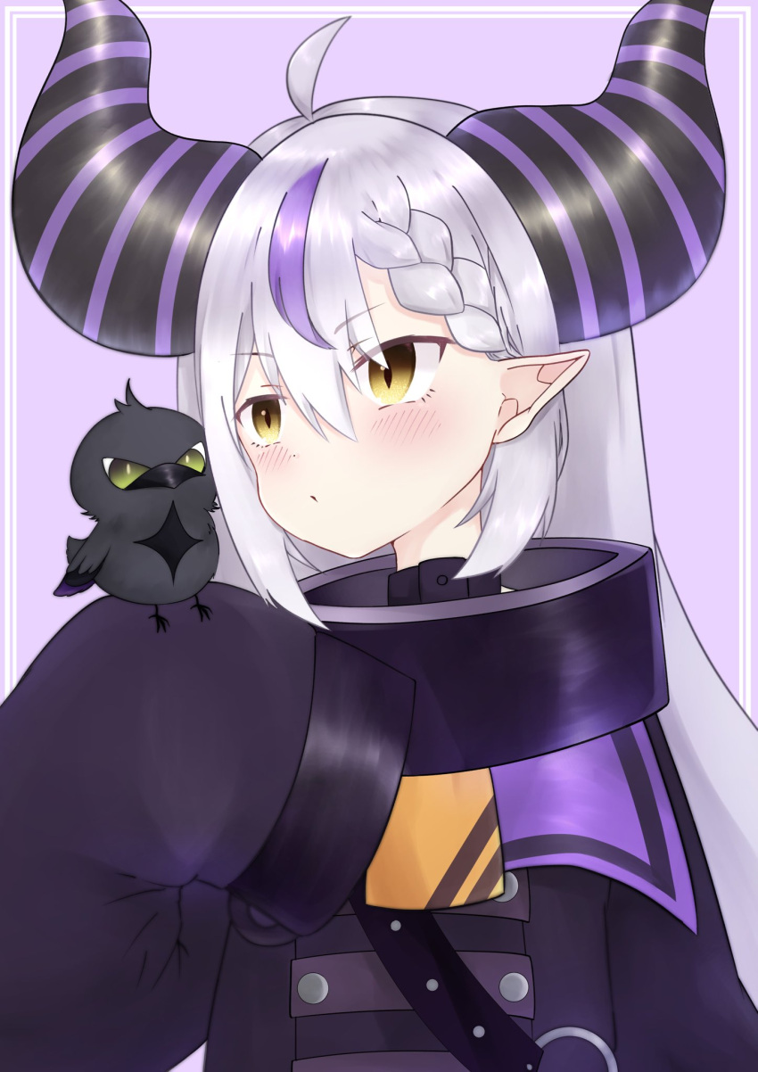 1girl bird blush collar commentary crow ekakibito hair_between_eyes highres hololive horns la+_darknesss long_hair long_sleeves pointy_ears portrait purple_background silver_hair simple_background virtual_youtuber white_background yellow_eyes
