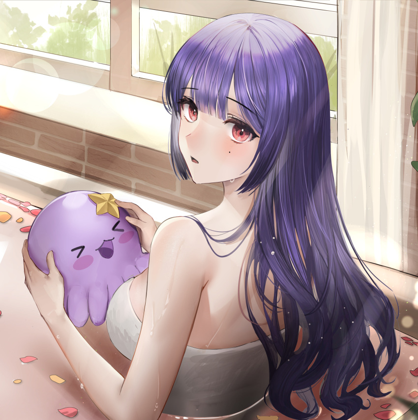 &gt;_&lt; 1girl back backboob bangs bathing bathroom bathtub blush_stickers breasts curtains eyebrows_visible_through_hair hair_between_eyes highres holding indoors large_breasts lens_flare lillly long_hair looking_at_viewer looking_back mole mole_under_eye open_mouth original partially_submerged petals purple_hair red_eyes sitting solo wet wet_clothes window