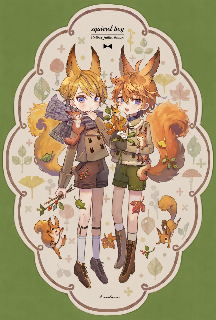 2boys animal animal_ears blue_eyes boots brown_footwear brown_shorts green_shorts grey_scarf highres lalala222 leaf long_sleeves looking_at_viewer multiple_boys original scarf shoes shorts smile socks squirrel squirrel_boy squirrel_ears squirrel_tail tail white_legwear