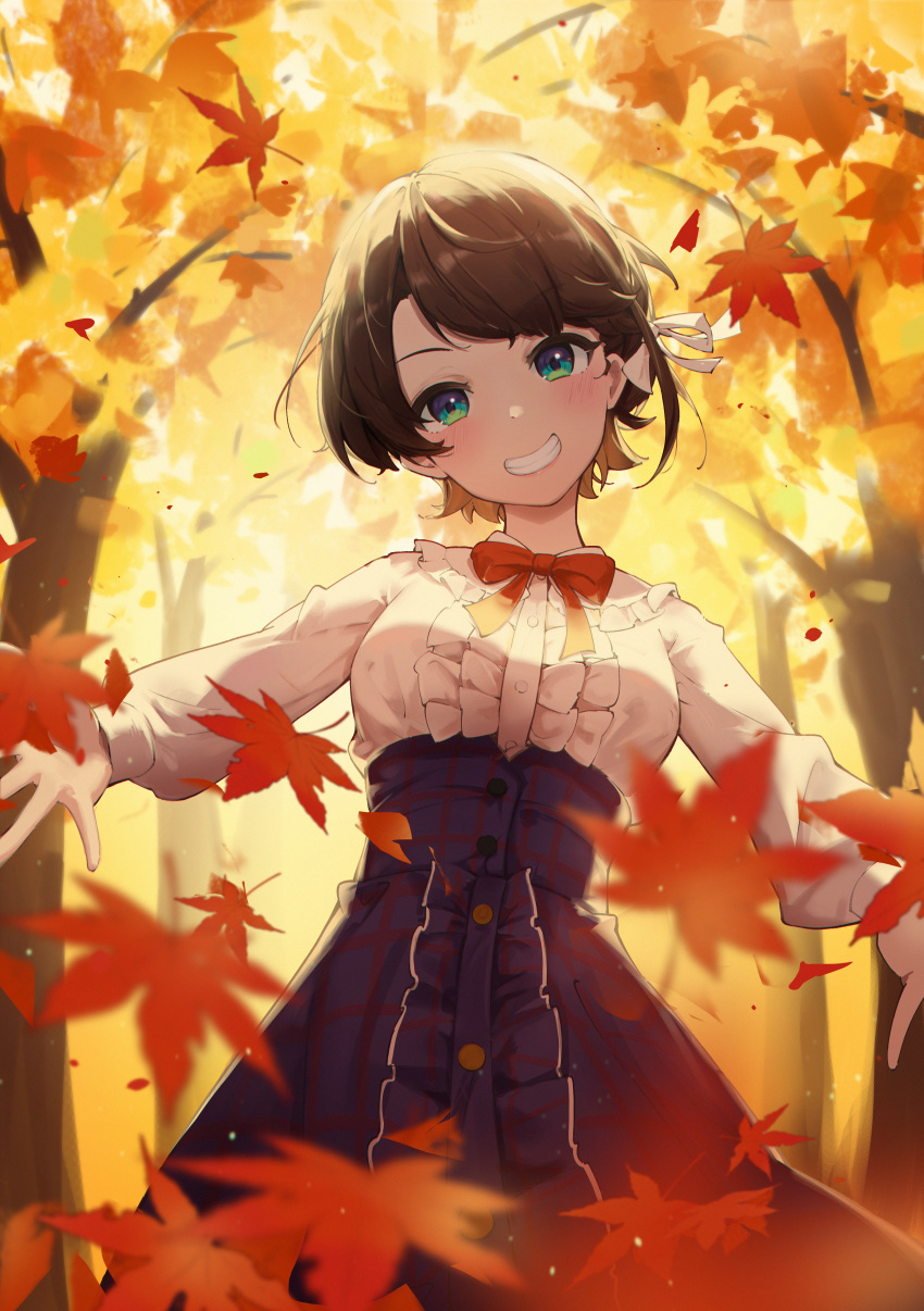 1girl absurdres autumn_leaves bangs blue_eyes blue_skirt blush bow bowtie brown_hair buttons center_frills forest frilled_shirt frilled_shirt_collar frilled_skirt frills grin hair_ribbon head_tilt highres hololive leaf long_sleeves looking_at_viewer maple_leaf nature oozora_subaru plaid plaid_skirt red_bow red_bowtie ribbon shirt short_hair shyi skirt smile solo tree white_ribbon white_shirt