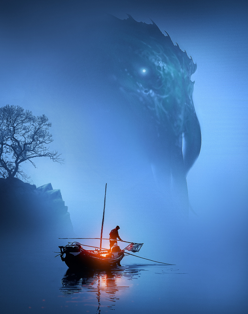 2others absurdres ambiguous_gender boat cthulhu cthulhu_mythos fog glowing glowing_eye highres kalmahul light looking_at_viewer monster multiple_others net night ocean paddle sitting standing tree water watercraft