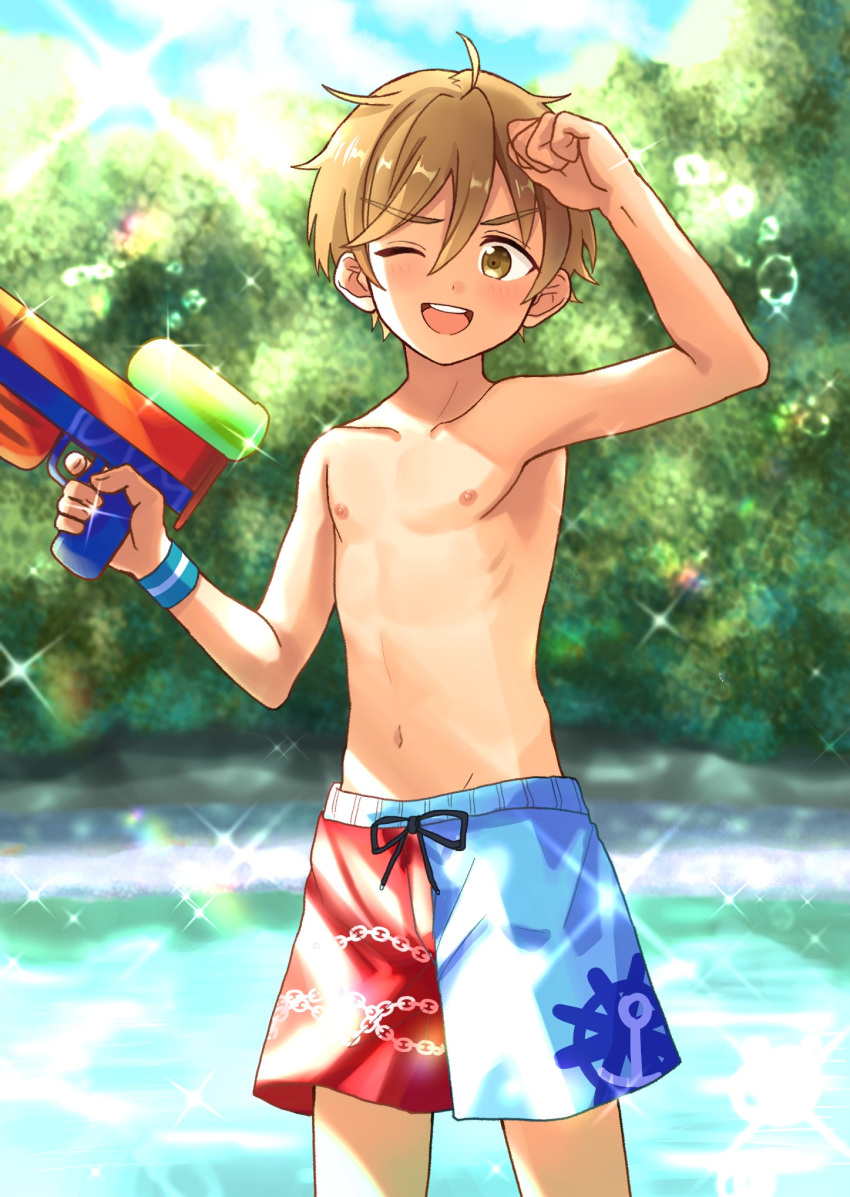 1boy bare_arms bare_pectorals bare_shoulders blonde_hair bubble child clouds cloudy_sky commentary_request eyebrows_visible_through_hair highres komorebi looking_at_viewer male_focus male_swimwear navel no_shirt one_eye_closed original outdoors pectorals sky solo solo_focus sunlight swim_briefs swim_trunks teeth topless topless_male water water_gun yellow_eyes