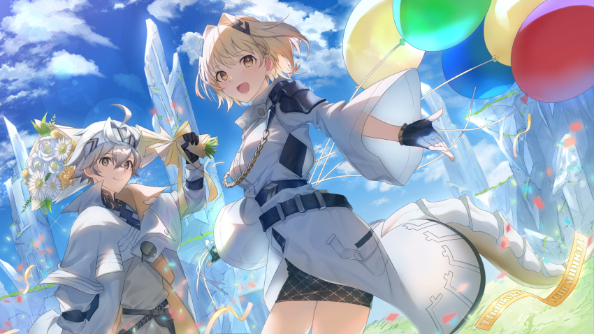 1boy 1girl ahoge akebono_kt alchemy_stars balloon belt black_gloves bouquet capelet closed_mouth clouds coat commentary_request confetti day fingerless_gloves flower gloves grass grey_hair hair_intakes hand_up headband highres holding holding_bouquet lens_flare looking_at_viewer navigator navigator_(alchemy_stars) official_art open_mouth outdoors outstretched_arm pencil_skirt rock short_hair skirt smile spire tail thanksgiving vice_(alchemy_stars) white_coat yellow_eyes