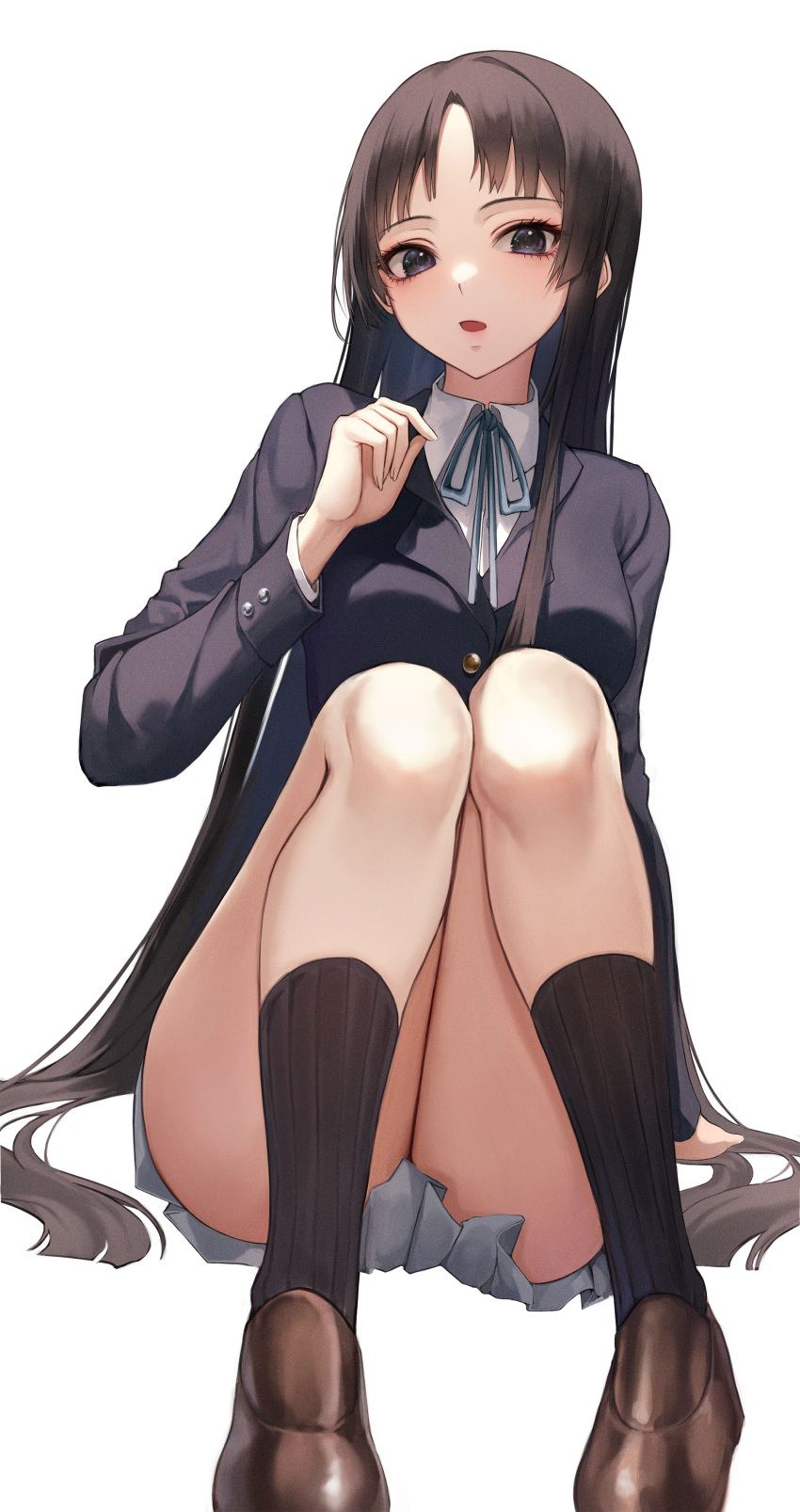 1girl :o absurdres ame_816 bangs black_hair black_jacket black_legwear blush brown_footwear character_request collared_shirt highres jacket k-on! kneehighs knees_up long_hair long_sleeves looking_at_viewer parted_bangs parted_lips school_uniform shirt shoes simple_background sitting skirt solo thighs uniform white_background white_shirt