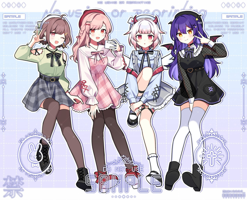 4girls alternate_costume bat_wings belt beret between_legs black_belt black_bow black_dress black_legwear blue_headwear blue_skirt bow breasts clothing_cutout collar commission dress english_commentary english_text frilled_collar frills green_shirt hand_between_legs hat highres horns matsuro_meru medium_breasts miori_celesta multiple_girls nini_yuuna pantyhose pink_bow pink_dress purple_hair sample second-party_source shirt shirt_tucked_in short_hair shoulder_cutout skirt smile thigh-highs thigh_strap tsunderia tsunderia_quest v virtual_youtuber waka_(wk4444) watermark wings yazaki_kallin