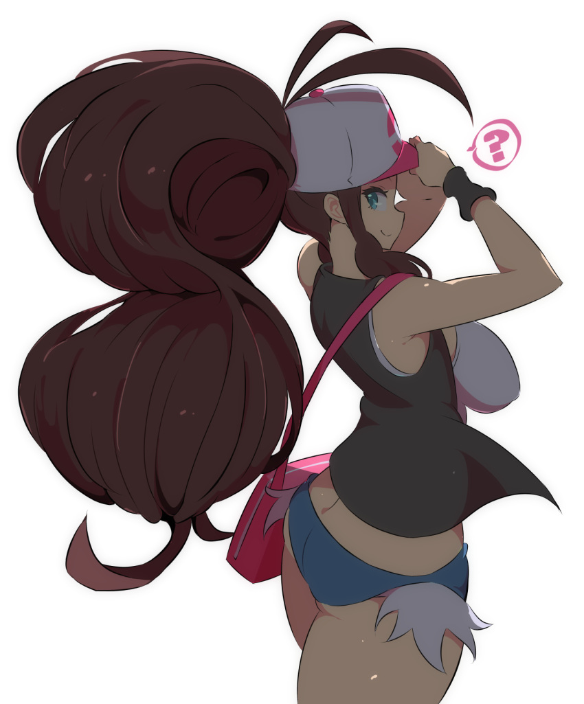 1girl ? adjusting_clothes adjusting_headwear ahoge ass bag baseball_cap black_vest blue_eyes blue_shorts breasts brown_hair closed_mouth commentary cowboy_shot curvy denim denim_shorts eyelashes from_side handbag hat highres hilda_(pokemon) large_breasts long_hair looking_at_viewer looking_back nac000 open_clothes open_vest poke_ball_print pokemon pokemon_(game) pokemon_bw ponytail shade short_shorts shorts sidelocks simple_background sleeveless smile solo spoken_question_mark sweatband tank_top thick_thighs thighs vest white_background white_headwear white_tank_top wristband