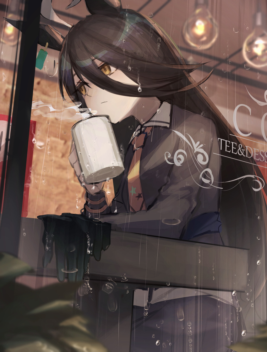 1girl absurdres ahoge animal_ears bangs black_gloves black_hair black_shirt closed_mouth collared_shirt commentary condensation cup earrings english_text gloves gloves_removed hair_between_eyes hanging_light highres holding holding_cup horse_ears indoors jewelry long_hair long_sleeves manhattan_cafe_(umamusume) necktie rain shirt siena_(moratoriummaga) single_earring sitting solo steam table umamusume window yellow_eyes yellow_necktie