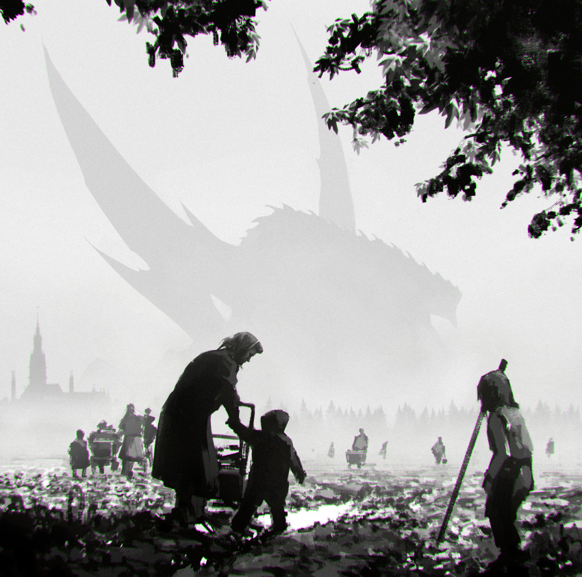 absurdres ambiguous_gender coat dragon field fog from_behind greyscale headband highres holding holding_stick kalmahul monochrome original pants people scenery standing stick tower tree wings