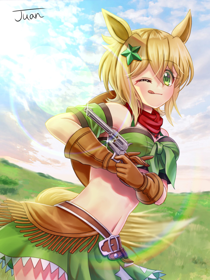 1girl ;q absurdres akatsuki_kirika animal_ears belt belt_buckle blonde_hair bra breasts brown_belt brown_gloves buckle clouds cowboy_hat day detached_sleeves gloves green_bra green_eyes green_skirt green_sleeves gun hair_ornament handgun hat highres holding holding_gun holding_weapon juan_0121 looking_at_viewer medium_breasts medium_hair midriff miniskirt navel one_eye_closed outdoors senki_zesshou_symphogear shiny shiny_hair short_sleeves signature skirt solo standing star_(symbol) star_hair_ornament stomach tongue tongue_out underwear weapon