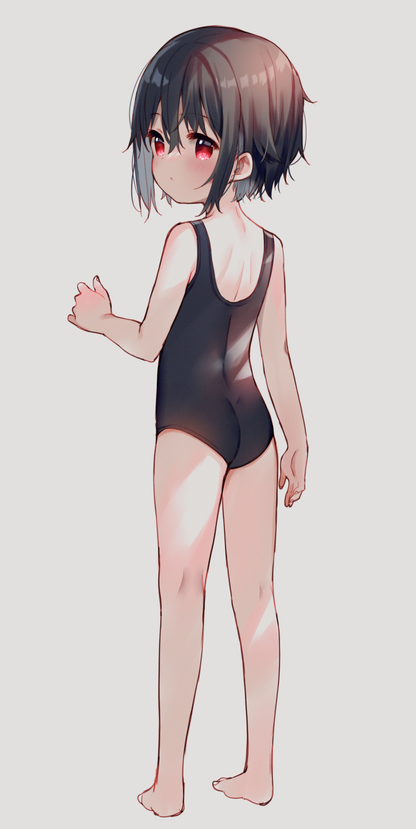 1girl absurdres ass black_hair black_swimsuit blush child eyebrows_visible_through_hair from_behind full_body grey_background hair_between_eyes highres looking_at_viewer looking_back meito_(maze) one-piece_swimsuit original parted_lips red_eyes short_hair simple_background solo standing swimsuit