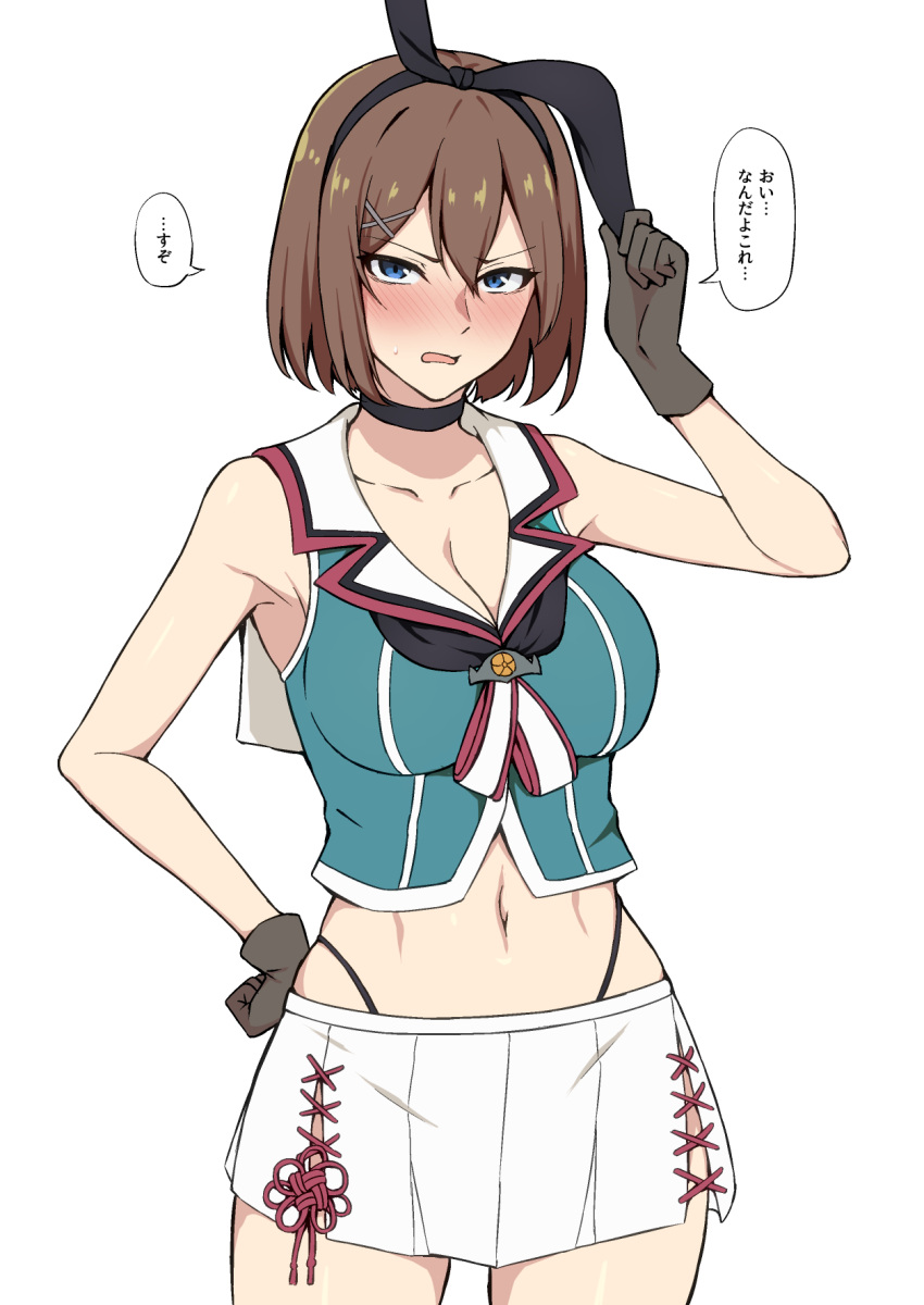 ... 1girl animal_ears blue_eyes blush breasts brown_hair choker commentary_request cowboy_shot eyebrows_visible_through_hair fake_animal_ears gloves hair_between_eyes highleg highleg_panties highres kantai_collection large_breasts looking_at_viewer maya_(kancolle) midriff miniskirt navel panties rabbit_ears simple_background skirt sleeveless solo speech_bubble takaman_(gaffe) translated underwear white_background