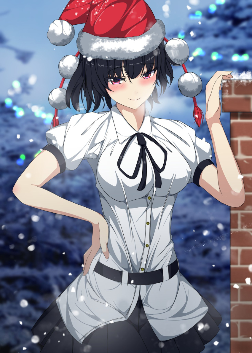 1girl bangs belt black_neckwear black_ribbon black_skirt blush breasts breath brick_wall buttons closed_mouth collared_shirt commentary_request fingernails fur_trim grin hand_on_hip hat highres kitaura_kasumi looking_at_viewer medium_breasts miniskirt pom_pom_(clothes) red_headwear ribbon santa_hat shameimaru_aya shirt short_hair short_sleeves skirt smile snowing solo standing touhou upper_body white_shirt wing_collar