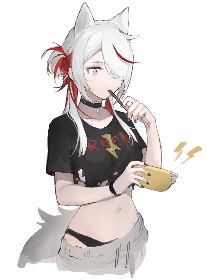 1girl animal_ears atelier_live black_panties black_shirt cropped_shirt eating english_commentary food grey_pants handheld_game_console highres holding holding_food holding_handheld_game_console lightning_bolt_symbol making-of_available mari_the_hybrid midriff multicolored_hair navel nintendo_switch_lite one_eye_covered panties pants pink_eyes pocky print_shirt procreate_(medium) redhead shirt side_bun solo streaked_hair tail torn_clothes torn_shirt underwear virtual_youtuber white_hair wolf_ears wolf_girl wolf_tail yoimon