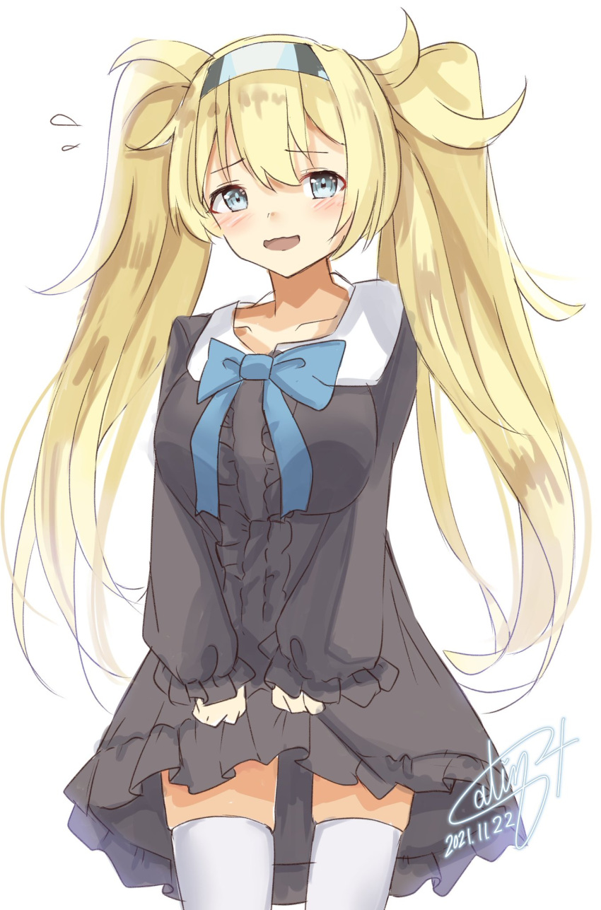1girl alternate_costume black_dress blonde_hair blue_eyes commentary_request cowboy_shot dated dress frilled_dress frills gambier_bay_(kancolle) hairband highres kantai_collection looking_at_viewer one-hour_drawing_challenge pen_chou signature simple_background skirt_hold solo thigh-highs twintails white_background white_legwear