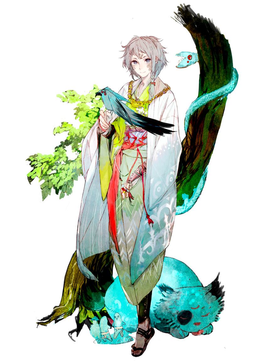 bird bird_on_hand braid cat creature facial_mark forehead_mark full_body grey_eyes grey_hair highres japanese_clothes looking_at_viewer nippon_sake_monogatari official_art red_eyes sandals smile snake solo tongue tongue_out transparent_background wide_sleeves