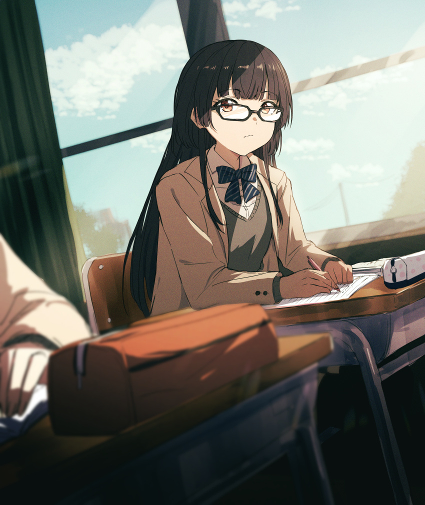 1girl 1other absurdres bangs black-framed_eyewear black_bow black_hair black_sweater blazer bow brown_eyes brown_jacket chair closed_mouth collared_shirt curtains desk diagonal-striped_bow dress_shirt eyebrows_visible_through_hair glasses highres idolmaster idolmaster_shiny_colors indoors jacket long_hair long_sleeves looking_at_viewer mayuzumi_fuyuko misaki_nonaka open_clothes open_jacket pencil_case school_chair school_desk school_uniform shirt solo_focus sweater very_long_hair white_shirt window