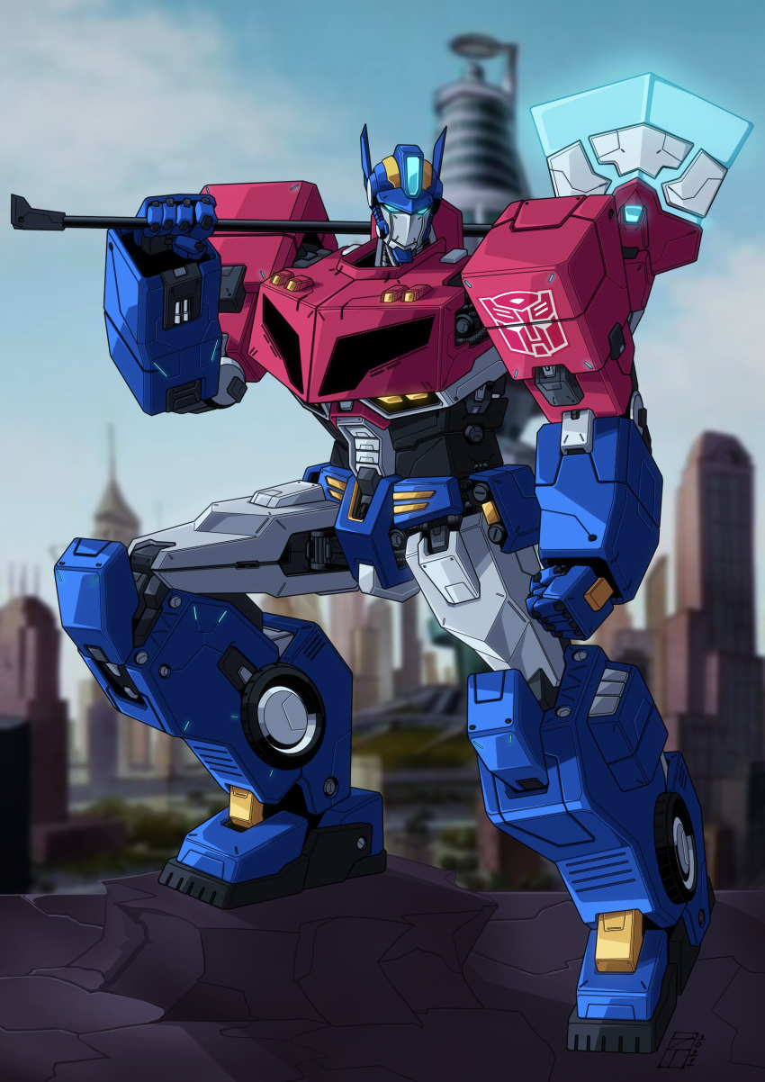 absurdres autobot axe blue_eyes clenched_hand english_commentary glowing glowing_eyes highres holding holding_axe insignia lextodrawstuff looking_down mecha no_humans optimus_prime science_fiction solo standing transformers