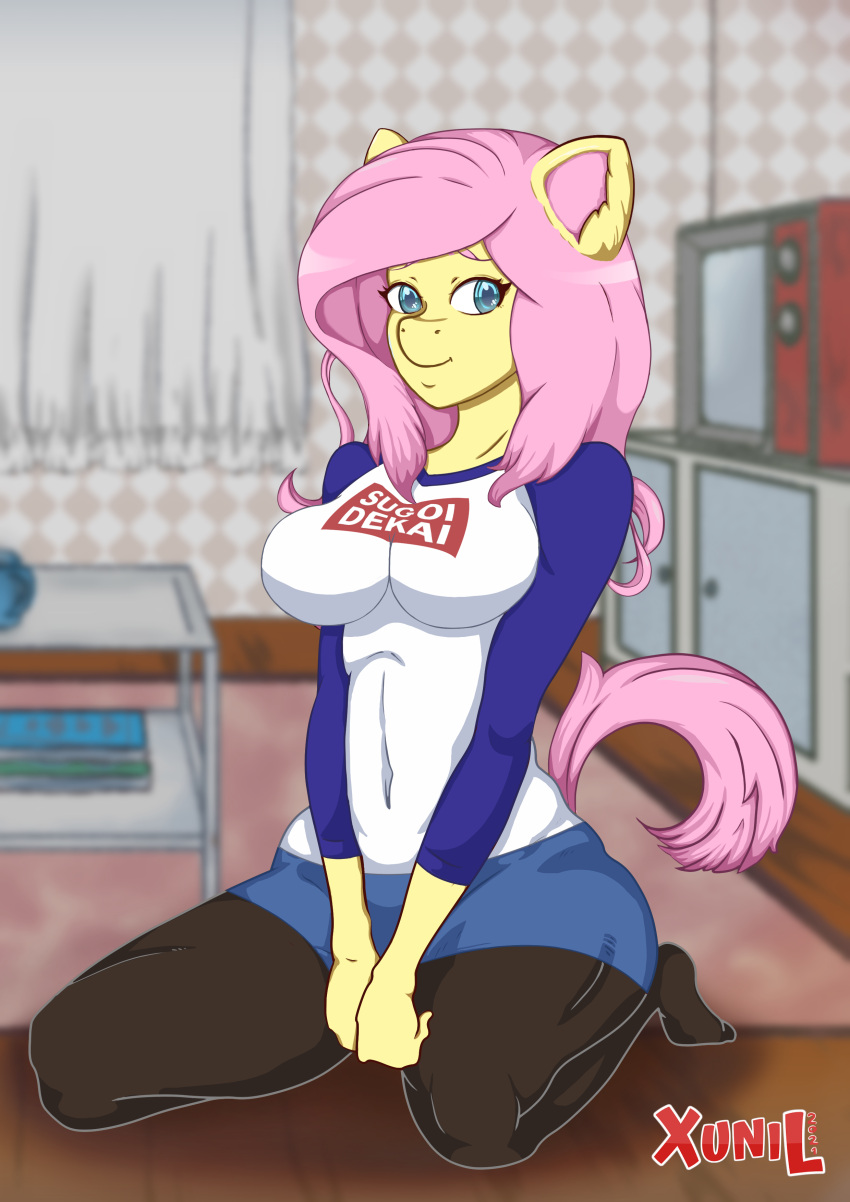 1girl absurdres black_legwear blurry blurry_background breasts clothes_writing covered_navel curtains fluttershy furry highres indoors large_breasts long_hair long_sleeves looking_at_viewer my_little_pony my_little_pony_friendship_is_magic pantyhose personification pink_hair pony raglan_sleeves romaji_text shirt signature solo sugoi_dekai uzaki-chan_wa_asobitai! xunil763