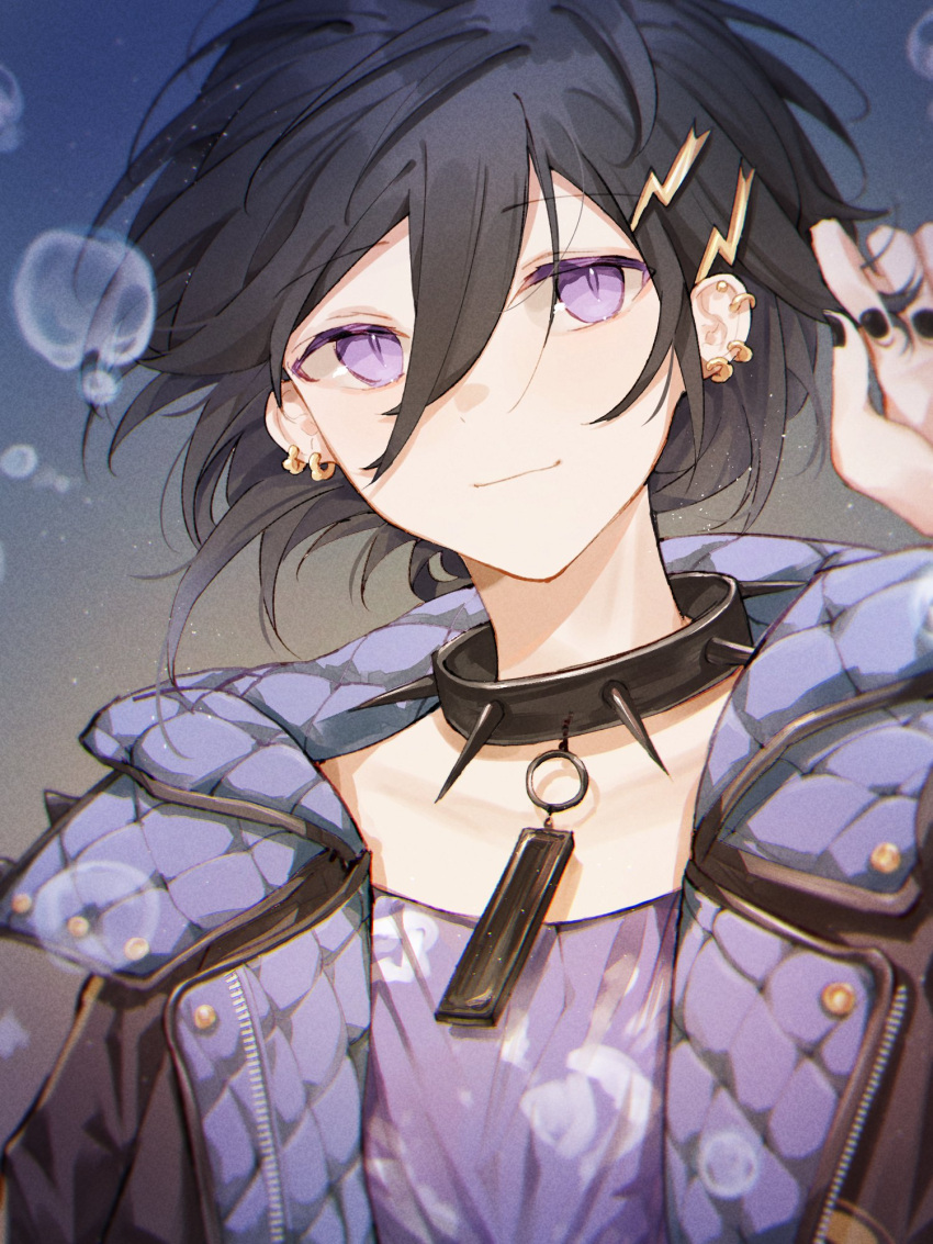 1boy bangs black_hair black_nails collar ear_piercing earrings eyebrows_visible_through_hair fingernails floating_hair hair_between_eyes hair_ornament hairclip hand_print hand_up highres holostars jacket jewelry kanade_izuru lightning_bolt_hair_ornament lightning_bolt_symbol looking_at_viewer maomaomao nail_polish open_clothes open_jacket piercing purple_shirt shirt slit_pupils solo spiked_collar spikes two-sided_fabric two-sided_jacket upper_body violet_eyes virtual_youtuber