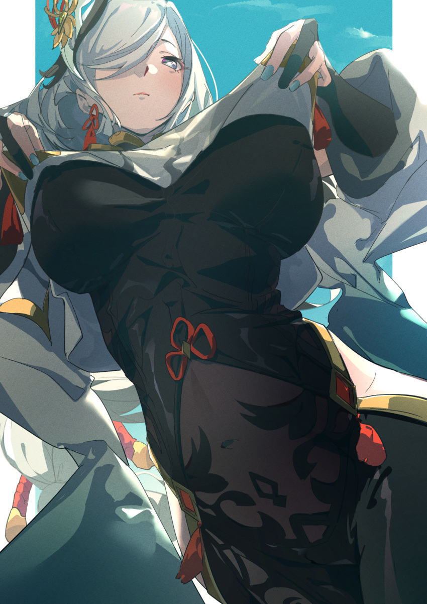 1girl bangs black_gloves blue_eyes blush bodysuit braid braided_ponytail breasts clothing_cutout covered_navel elbow_gloves genshin_impact gloves hair_ornament hair_over_one_eye highres hip_vent large_breasts long_hair long_sleeves looking_at_viewer partially_fingerless_gloves puffy_long_sleeves puffy_sleeves shenhe_(genshin_impact) shoulder_cutout silver_hair solo tabard tassel very_long_hair zhenxuankuang
