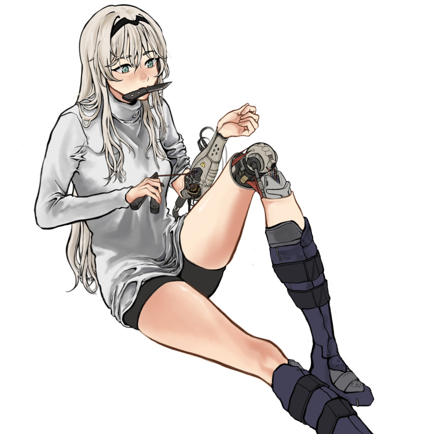 1girl an-94_(girls'_frontline) android asaripan bike_shorts black_shorts blue_eyes boots commentary_request eyebrows_visible_through_hair girls_frontline grey_hair hairband highres joints knee_up knife knife_in_mouth long_hair long_sleeves mechanical_parts mouth_hold pliers repairing robot_joints shirt shorts simple_background sitting sleeve_rolled_up solo turtleneck white_background white_shirt wire