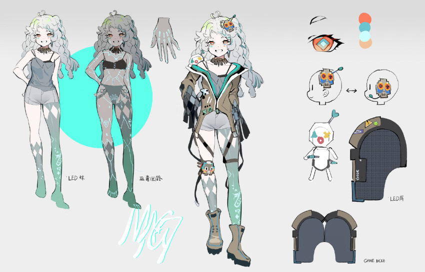 1girl boots bra braid character_name concept_art full_body girls_frontline green_hair green_pupils grey_hair grey_shirt grey_shorts grin hair_ornament highres hillly_(maiwetea) long_hair looking_at_viewer mag-7_(girls'_frontline) multicolored_hair off_shoulder orange_eyes shirt shorts smile solo spaghetti_strap square_pupils streaked_hair underwear